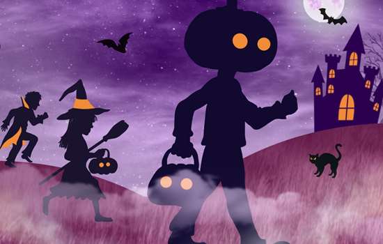 Illustration of the silhouettes of three people dressed in Halloween costumes walking across a field with a castle in the background
