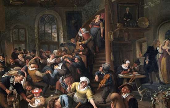 Image: painting called the Egg Dance (by Jan Steen) where men, women and children dance and make merry in a hall