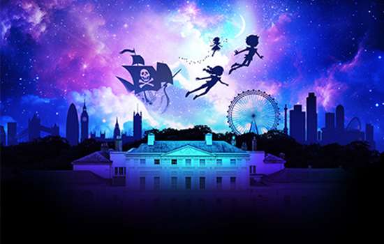 Illustration of a silhouetted Peter Pan, Wendy, Tinkerbell and pirate ship in front of Kenwood and the London skyline