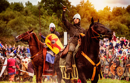 Image: Battle of Hastings re-enactors on horseback