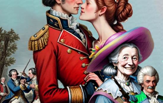An animated illustration featuring several characters in 18th century clothing. In the center of the image, there is a man and a woman embracing. There are soldiers fighting in the background.